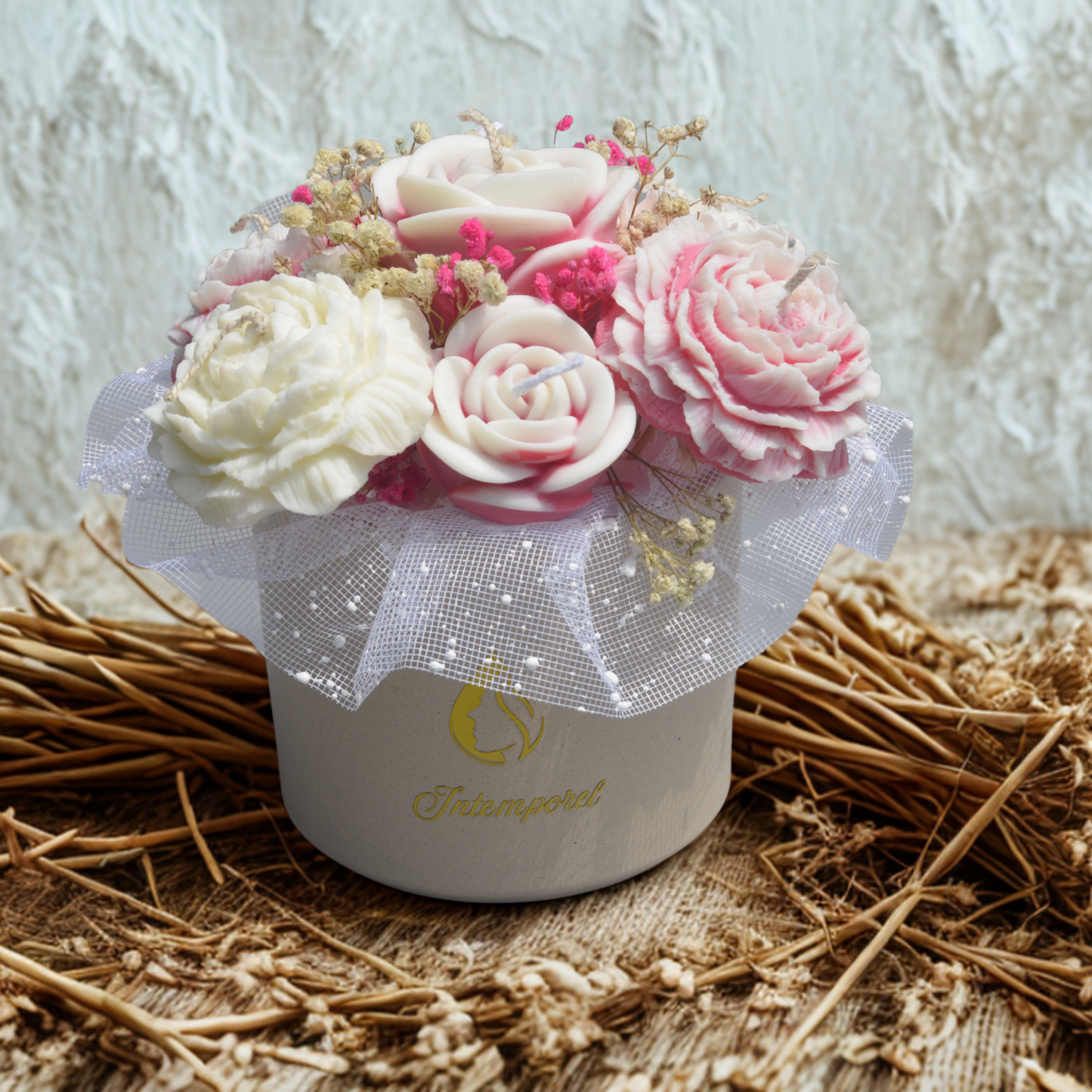 BOUQUET DE FLEURS DE CIRE PARFUMÉE BLANC ET ROSE INTENSE