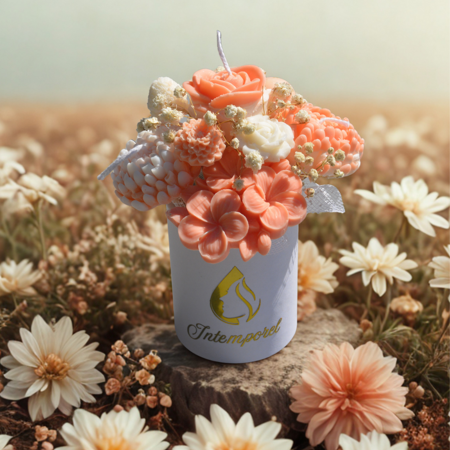 PETIT BOUQUET DE FLEURS ET FONDANTS DE CIRE PARFUMEE ORANGE ET BLANC
