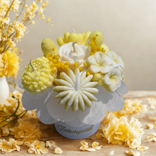PETIT BOUQUET DE FLEURS DE CIRE PARFUMÉE JAUNE ET BLANC INTENSE